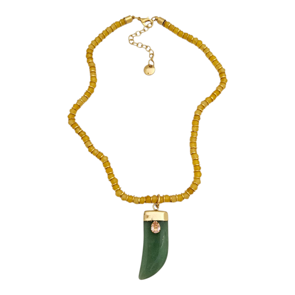Colar Jade Amarela Pingente Dente Verde