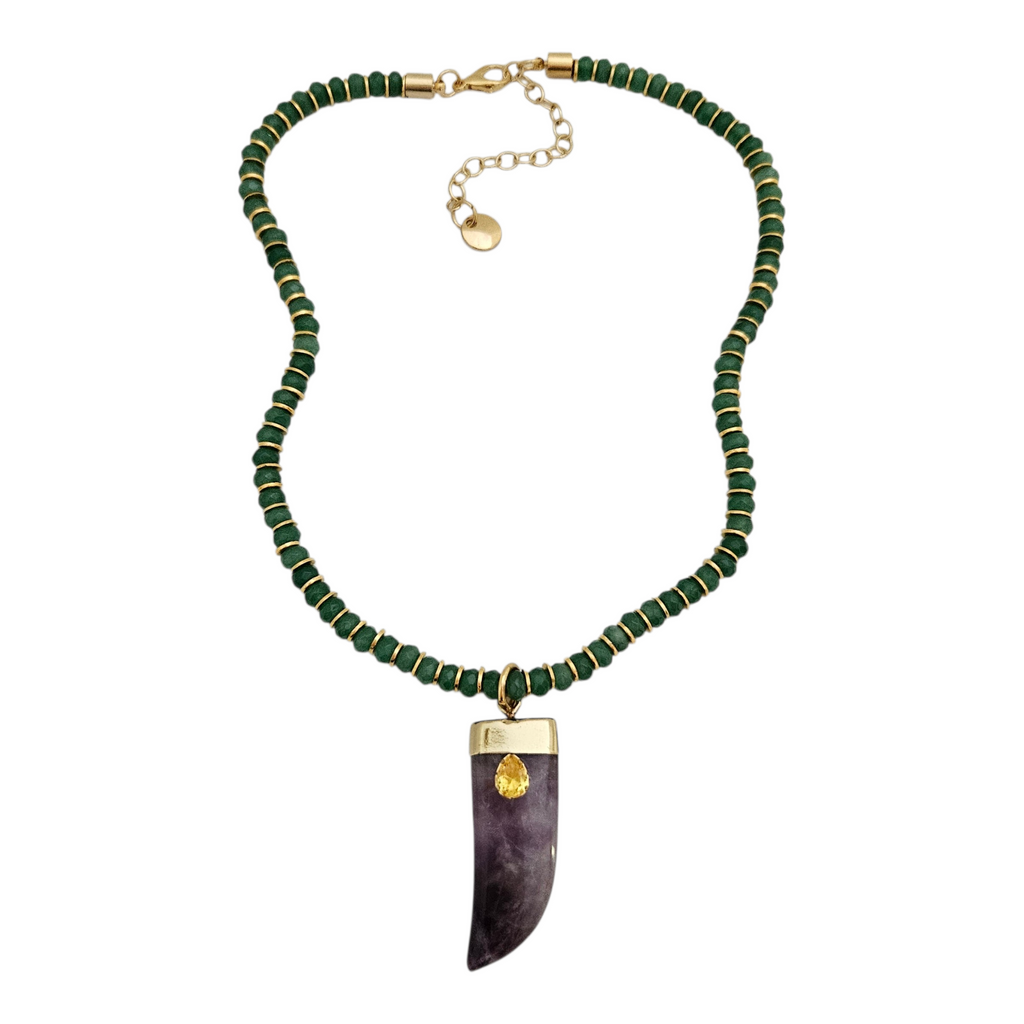 Colar Jade Verde Pingente Dente Roxo